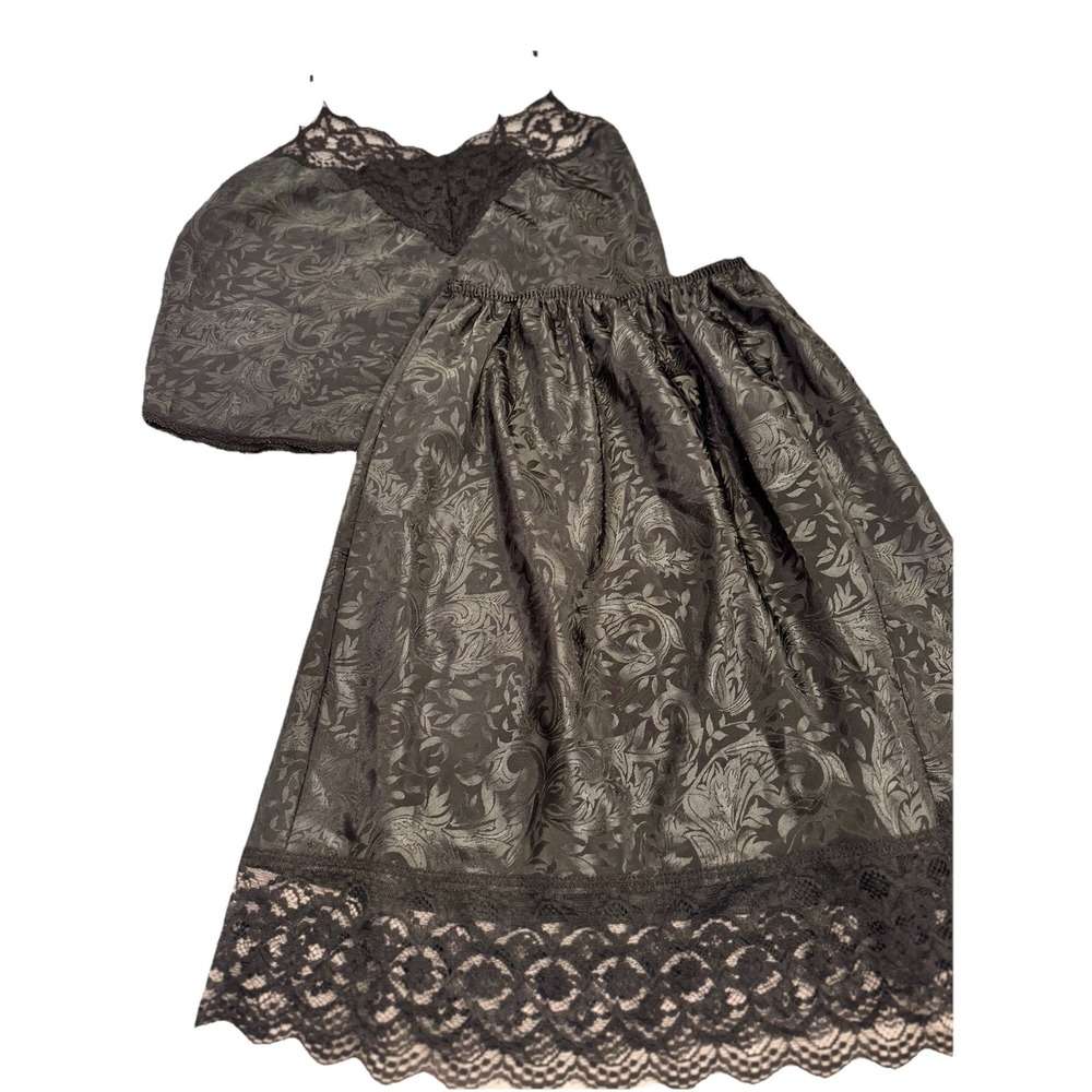 VTG Y2K Babydoll Lace Trim Cami + Slip Black Size Med Dark Fairy Romantic USA